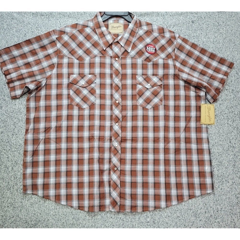 Wrangler Western Shirt Mens 3XL Plaid Short Sleeve Button Up Easy‎ Care Brown